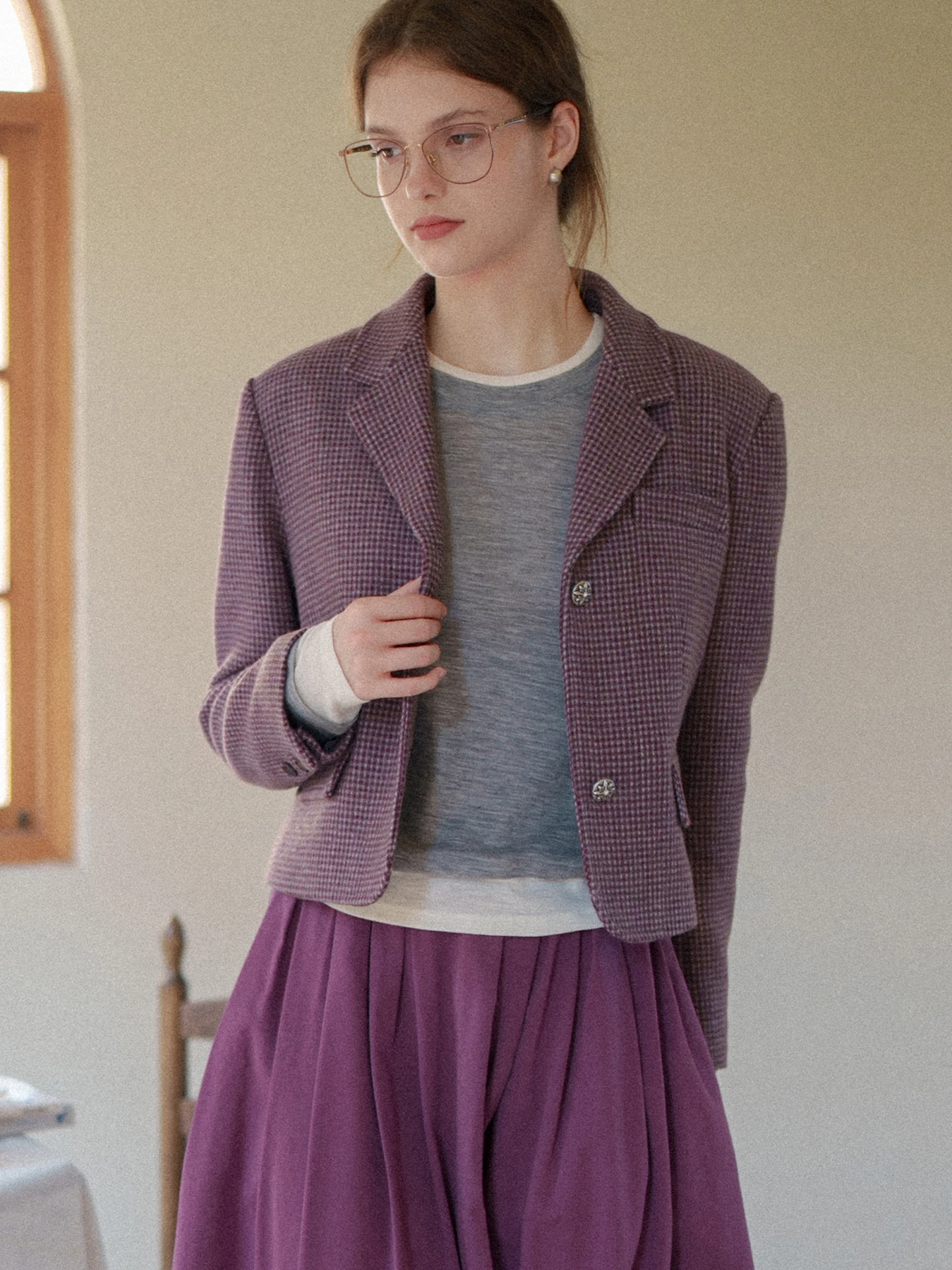 

Женский шерстяной пиджак MARCHNOON с цветным плетеным узором, ретро-стиль, фиолетовый, на хлопковой подкладке, прямого кроя, полностью на подкладке