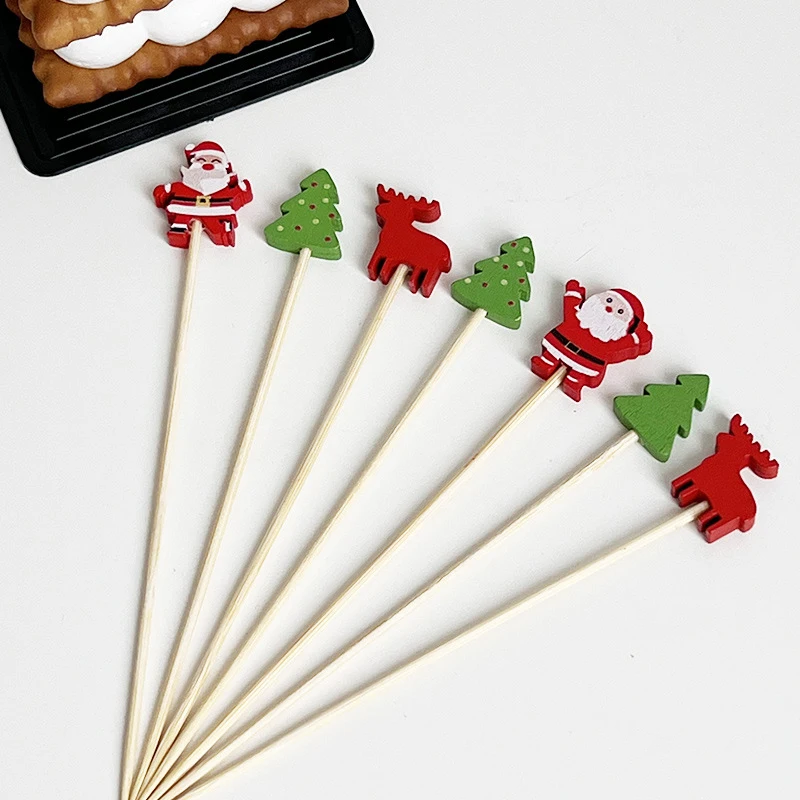 100Pcs Christmas Tree Snowman Disposable Bamboo Skewers Food Picks Fruit Fork Christmas Party Decor Cake Dessert Toothpick