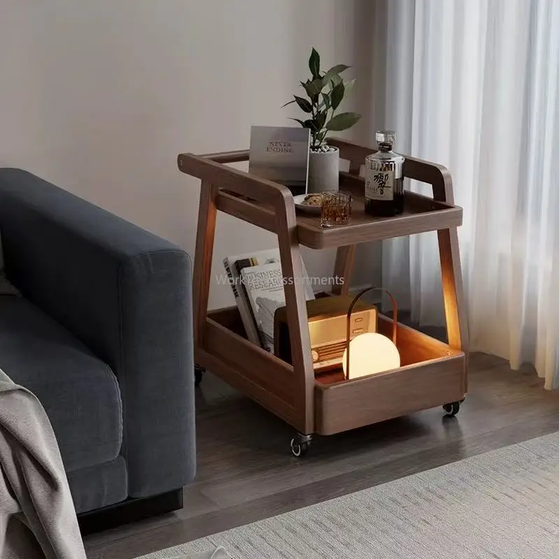Solid wood sofa side table mobile trolley table coffee table with wheels bedside trolley household living room side cabinet