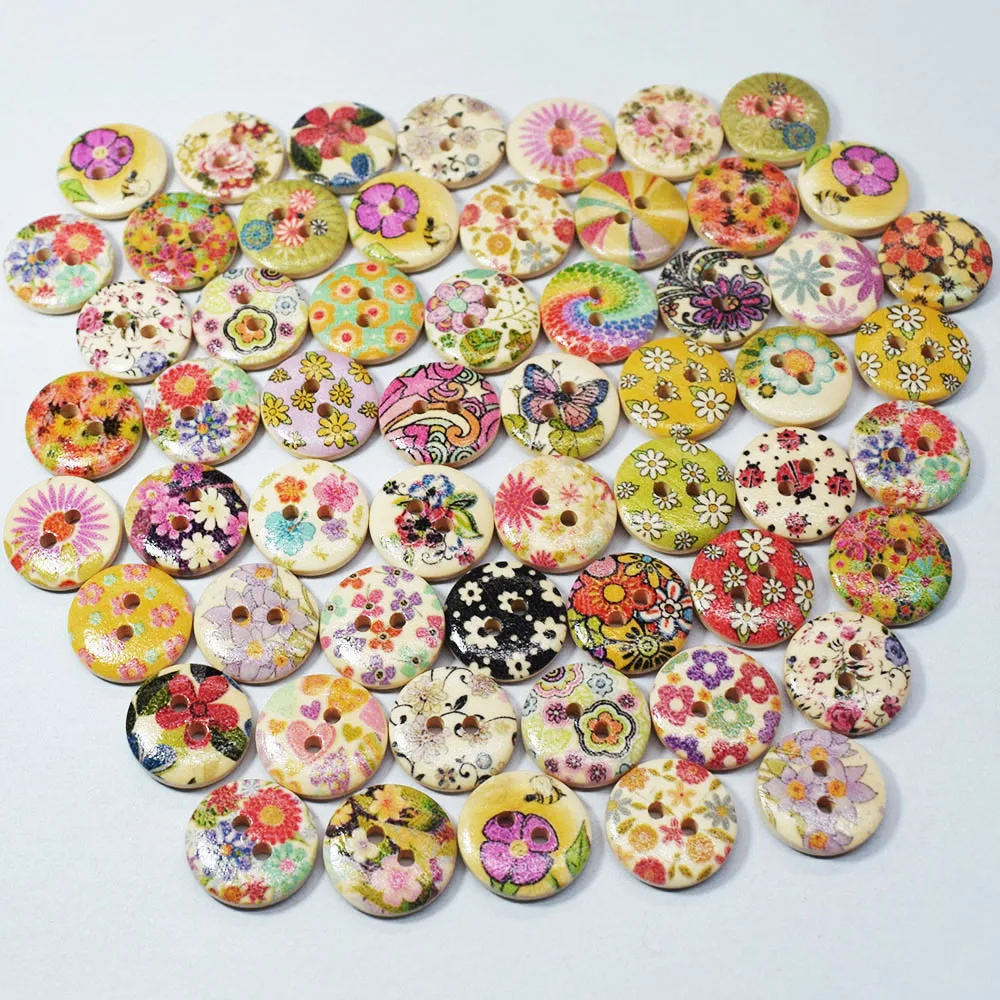 

100PCs Mixed Flower Wooden Buttons 2 Holes Fit Sewing and Scrapbooking 15mm for Craft DIY