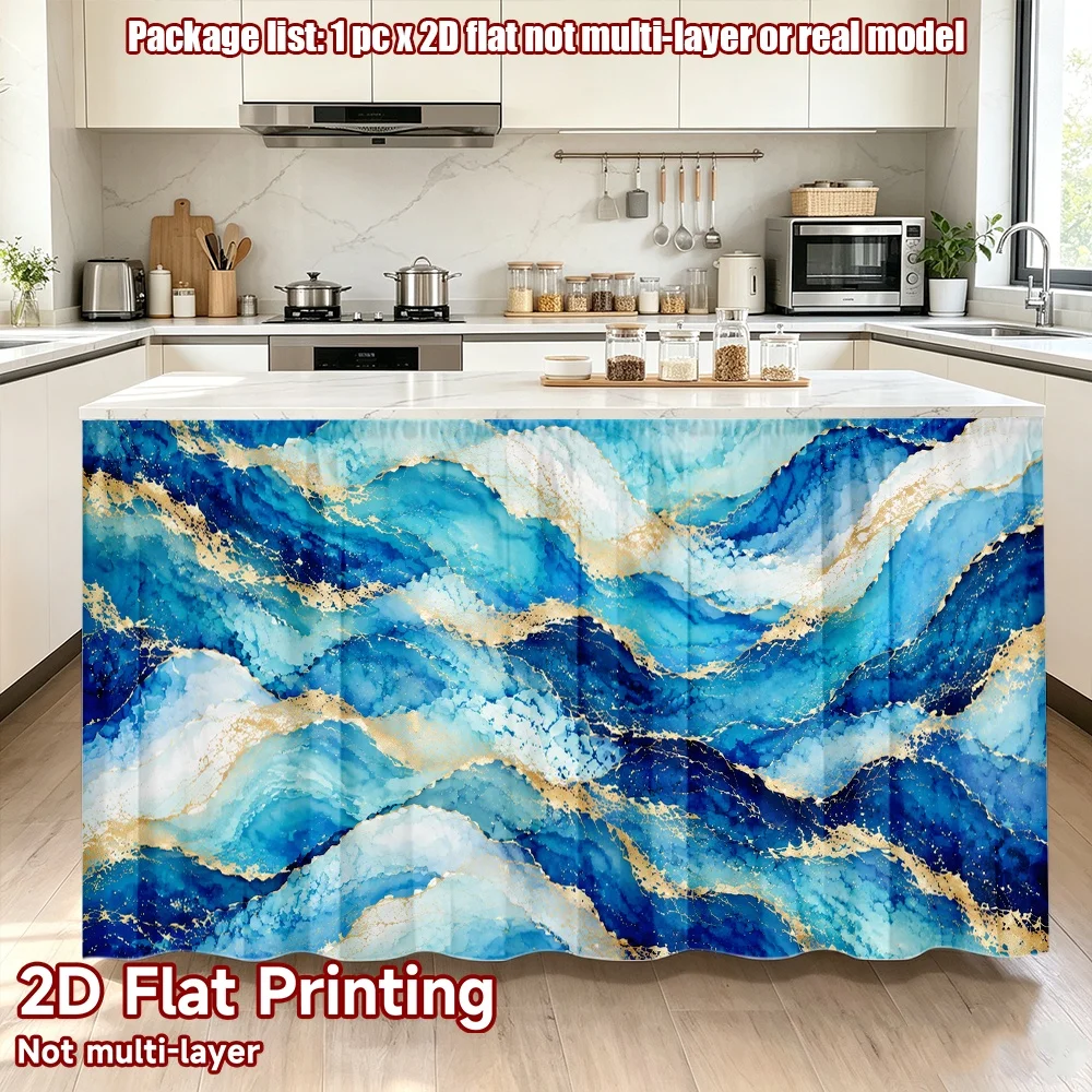 2D flat 1pc Bohemian style short curtains Blue Gold Marble Waves Digital printing The rod-mount design makes installation