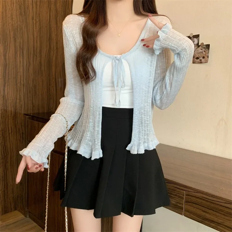 

Ruffles Sunscreen Cardigan Women Summer French Style Thin Shawl Hoodie Lace-up Blouse Office Lady Casual Versatile Tops Female