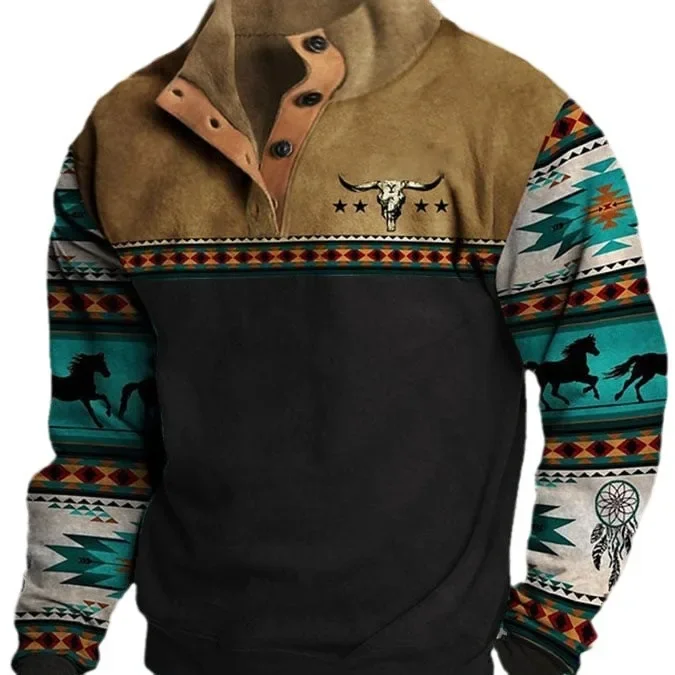 رائجة البيع عبر الحدود الرقمية ثلاثية الأبعاد طباعة طويلة الأكمام الوقوف طوق شبه زر الرجال البلوز الغربية الرجعية نمط لباس غير رسمي #5