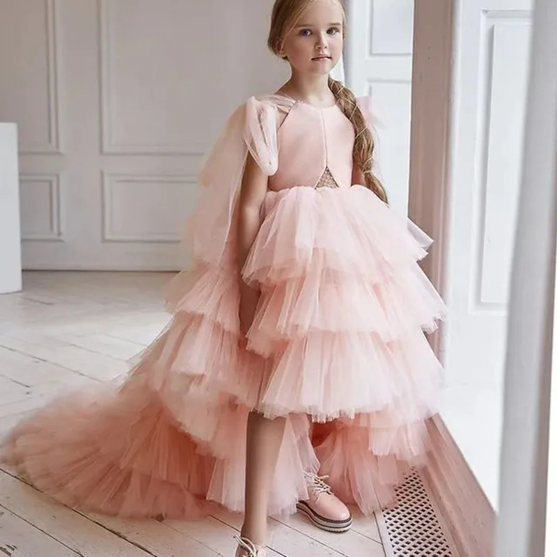 Tulle Layers Baby Girl Birthday Dress With Train Flower Girl Dress For Wedding Kids Princess Ball Gown Lush Dresses For Girls