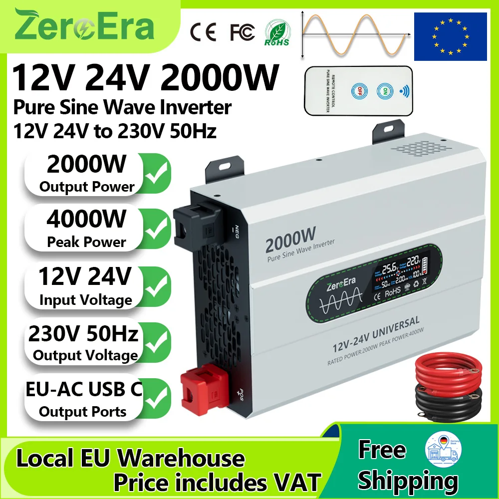 ZeroEra 2000W Reiner Sinus-Wechselrichter 12V 24V Dual-Spannungseingang zu AC 220V 230V 50Hz Tragbarer Off-Grid-Spannungswandler mit Fernbedienung USB-C-Anschluss EU-AC-Buchse LCD-Bildschirm für LKW,