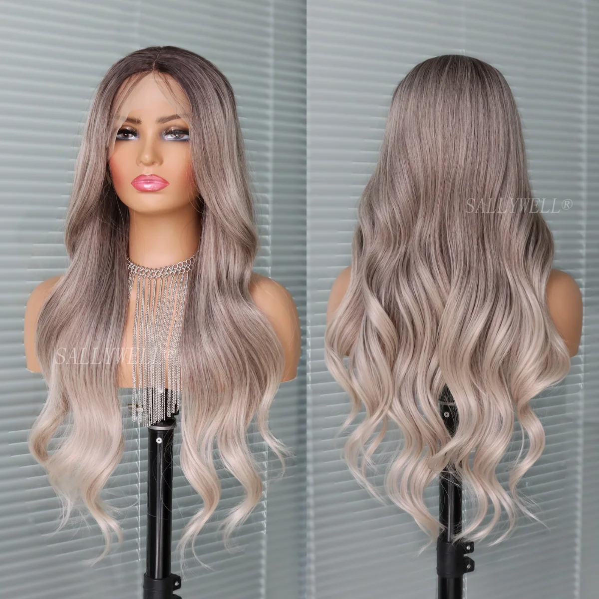 

Silver Grey Lace Front Wigs for Women Halloween Curly Long Wavy Fashion Cosplay Ombre Black Mix Gray Hair Wigs with Wig Cap