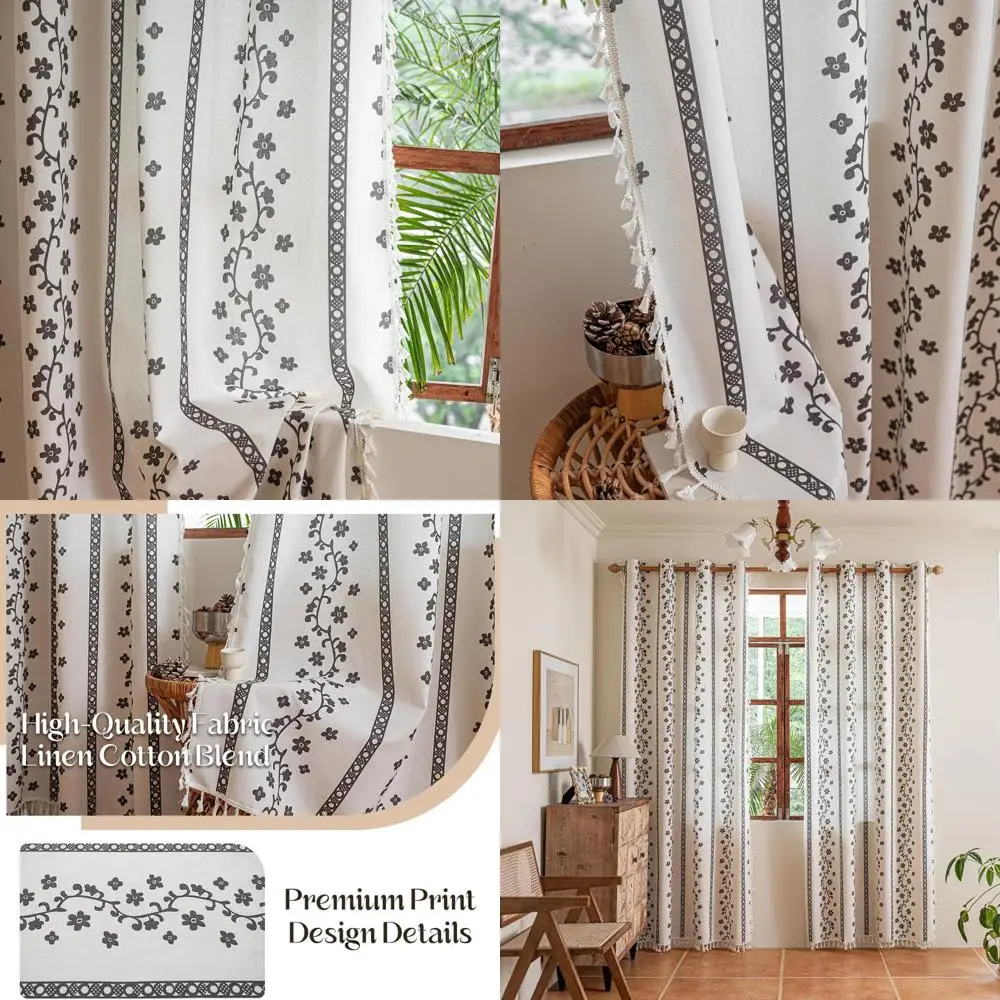

Bohemian Linen Curtains with Tassels, Cream Floral Design, Semi-Blackout, 52 x 96 for Bedroom or Dining Room