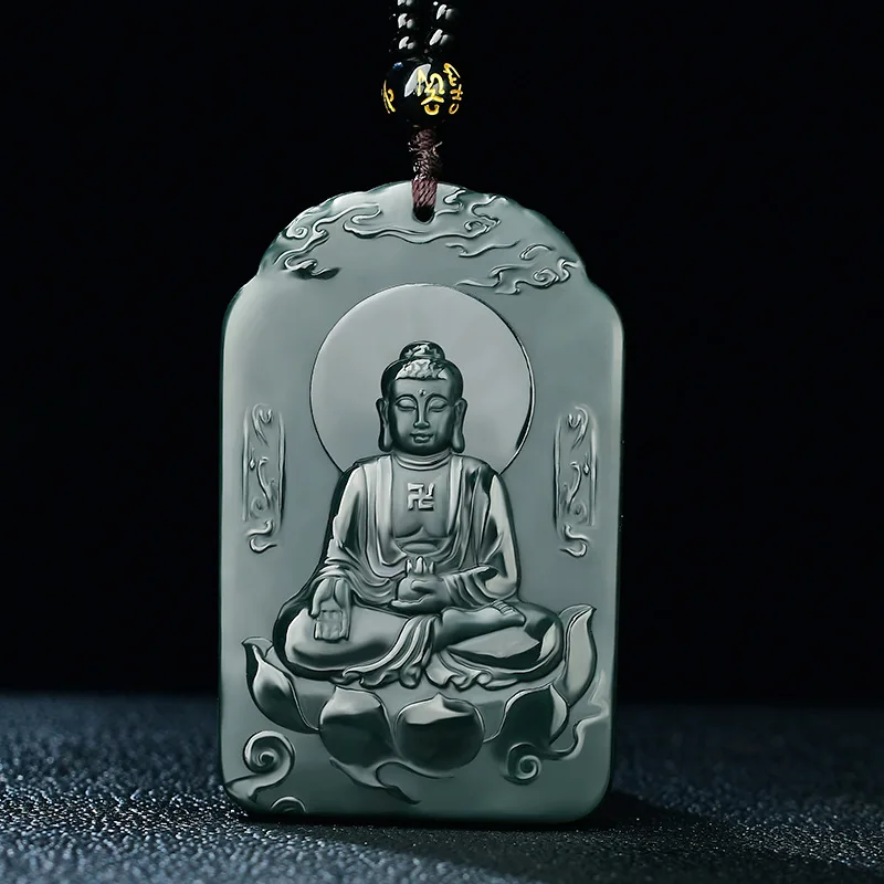 

Natural Hetian Jade Qing-Jade Lotus Buddha Pendant Seiko Double Sided Carving Jade-pendant Necklace Fine Jewelry