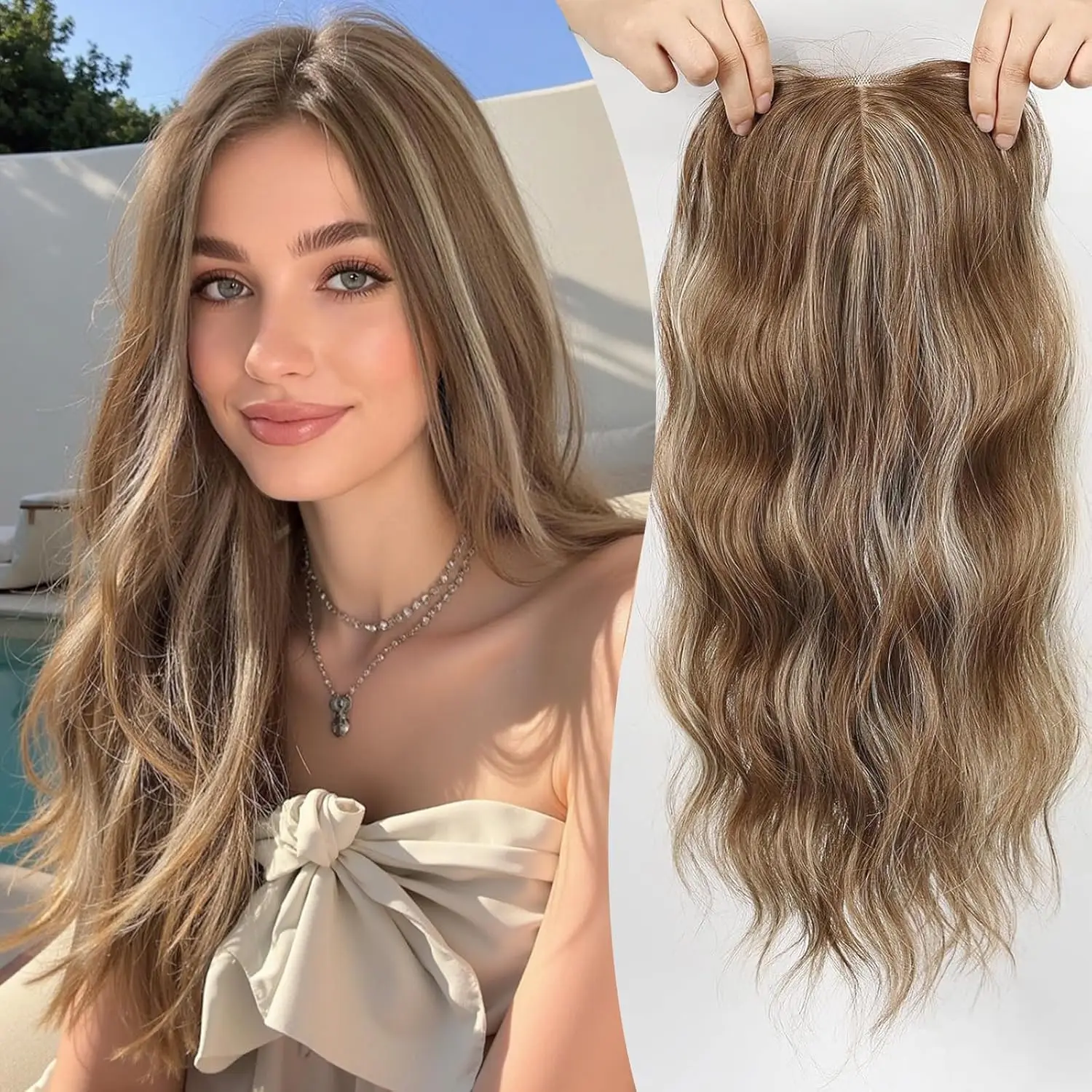 

20in Wavy Hair Toppers Long Brown Mixed Blonde Premium Synthetic Hairpieces with 6*6 Large Base Lace Clip In Hair for Women