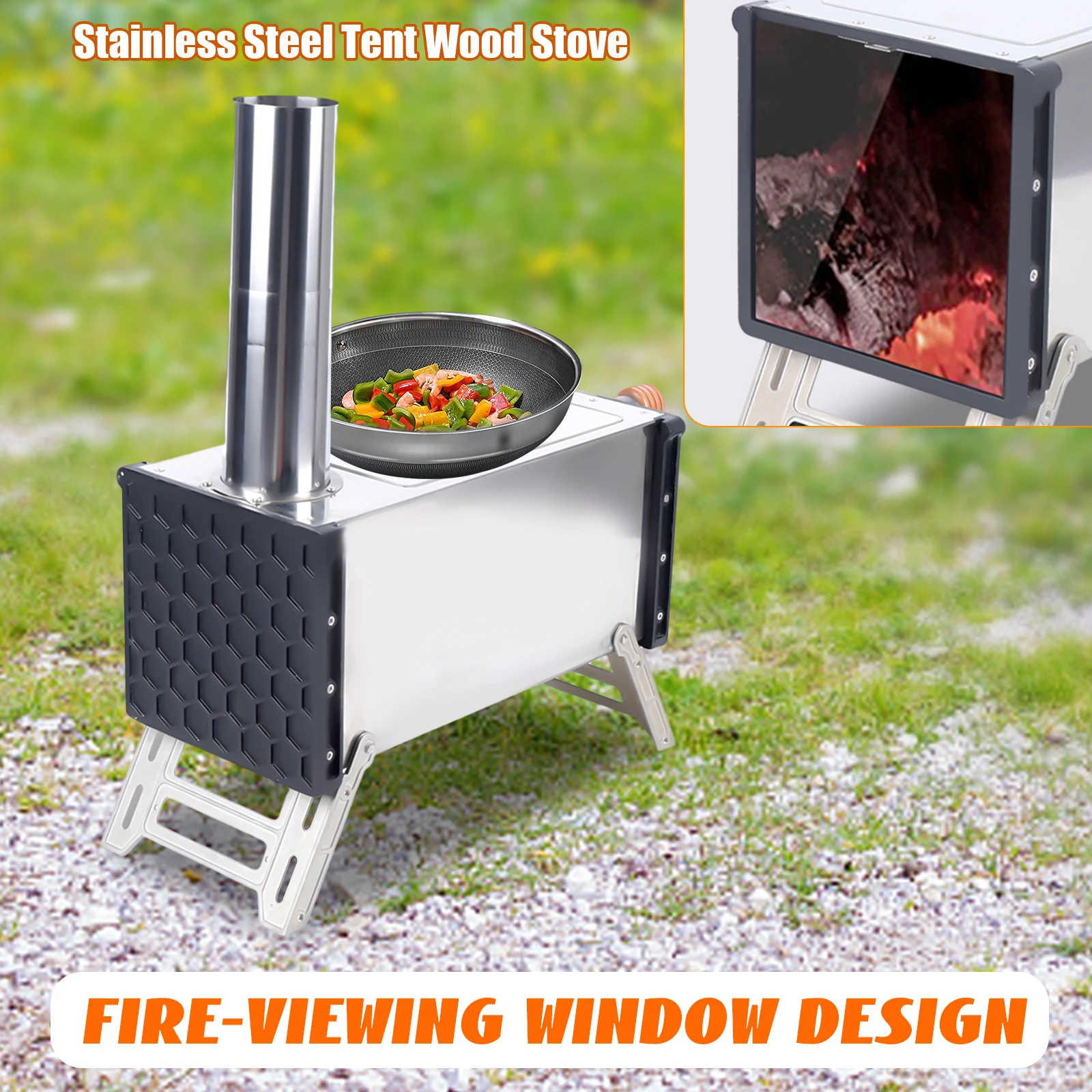 

Stainless Steel Portable Firewood Burning Camping Tent Shelter Stove W/ Chimney Pipes Backpacking Trips Indoor Outdoor Cooking