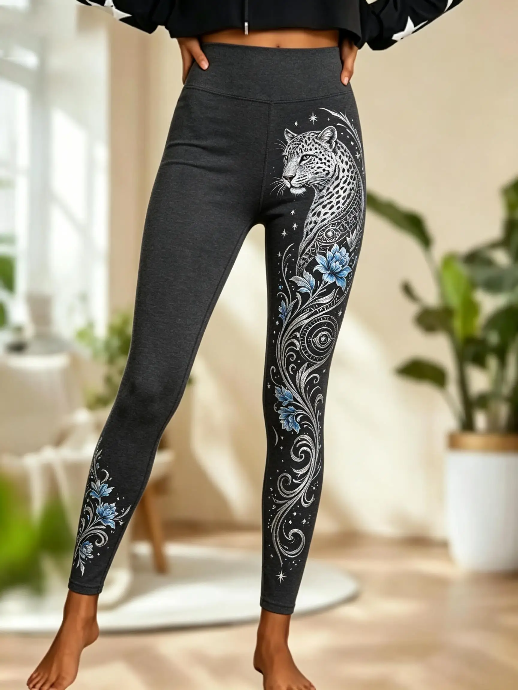 Women Fleece‑lined Mid‑rise Leggings Wild Leopard Cheetah Head Rose Floral Vine Star Tattoo Side Print Slim Stretch  Pants