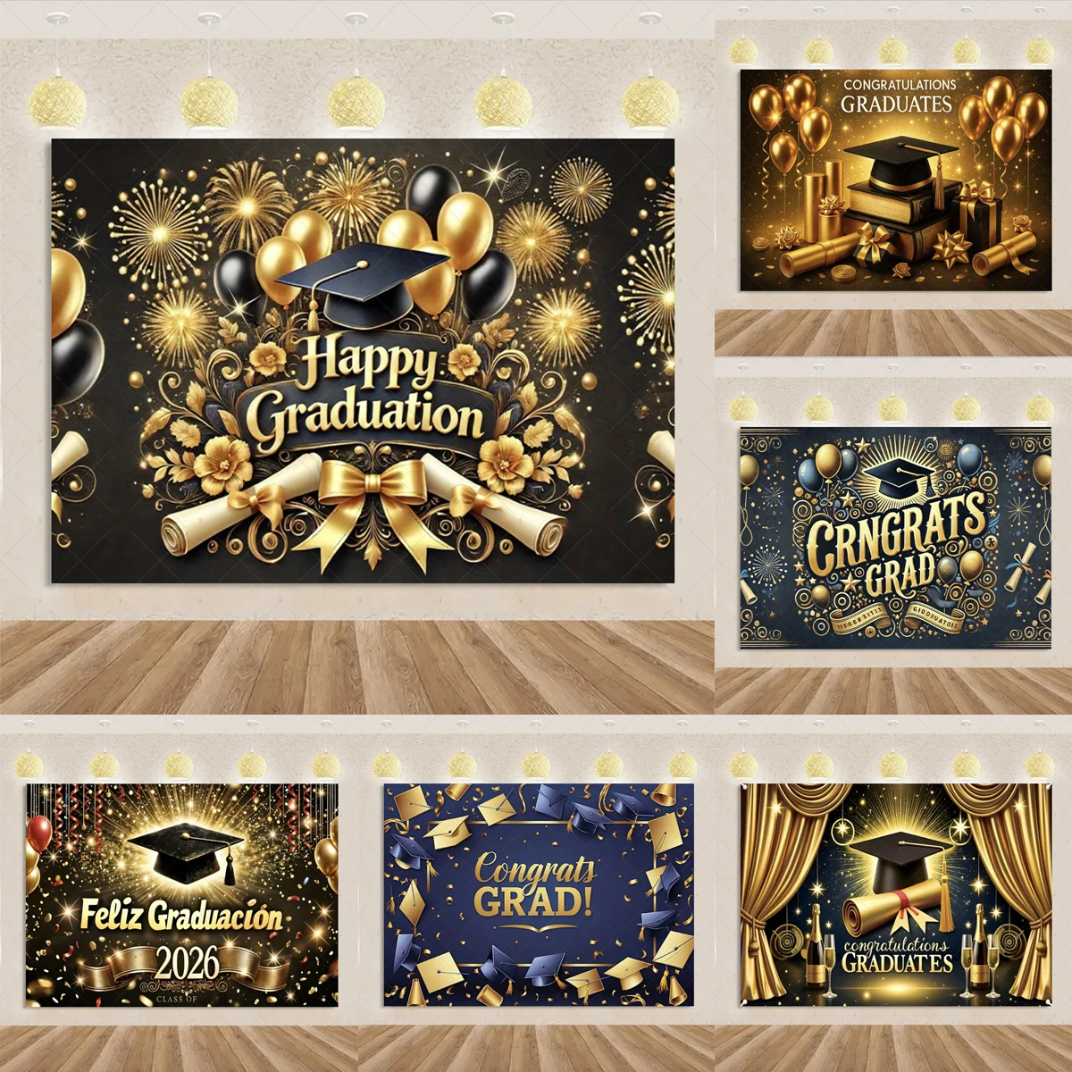 

2026 Graduation Theme Photography Background Partys Decoration Bachelor Hat Blue Gold Glitter Balloons Banner Gift Photo Props