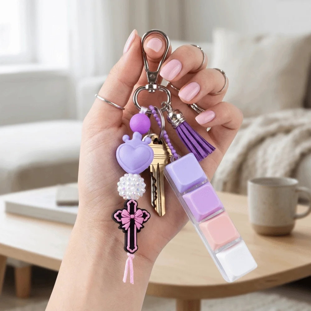 Silicone Beads Handmade Keychain Fidget Press Button Soft Silicone Fidget Sturdy Metal Clip Hook Heart-Shaped Ornaments