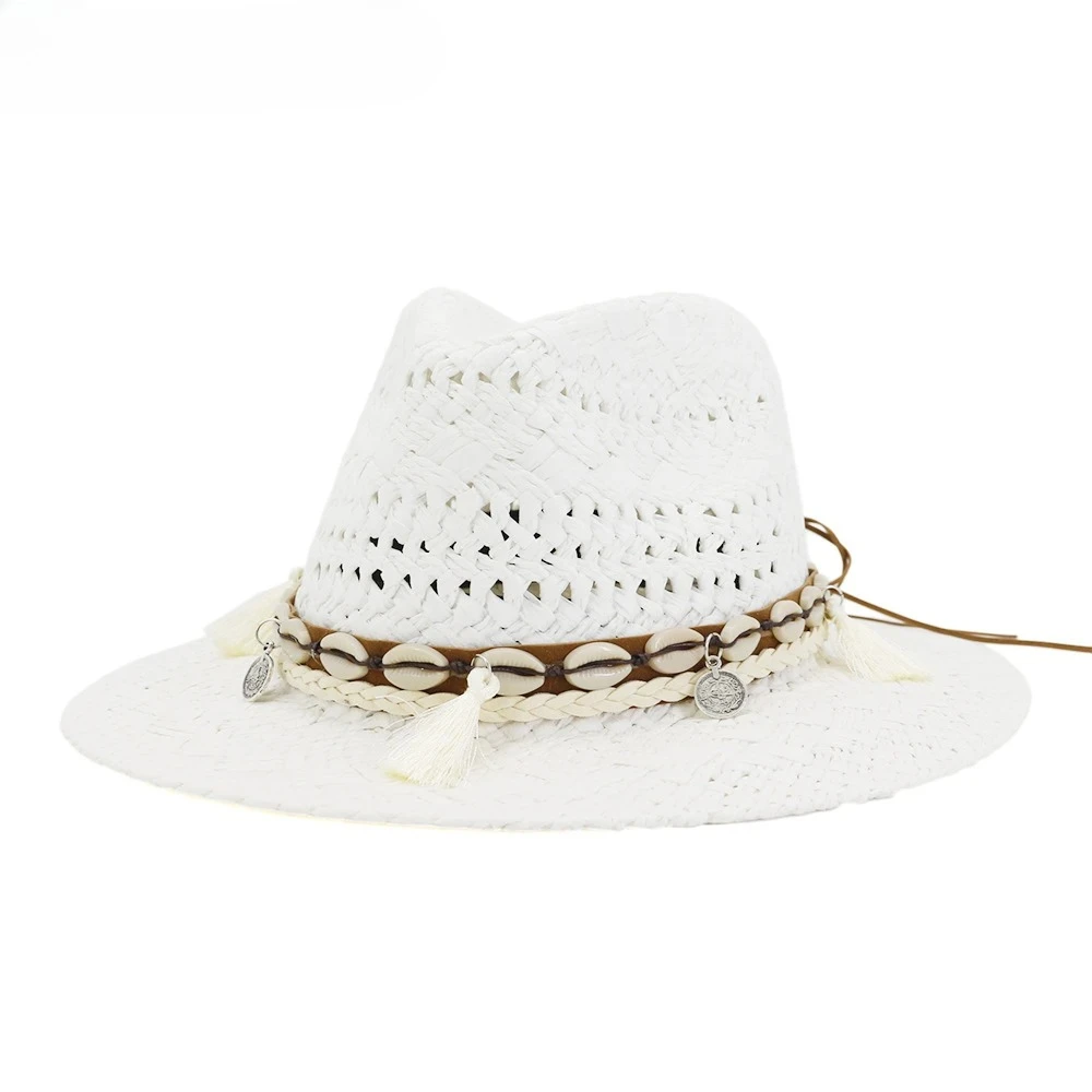 

White Womens Summer Panama Sun Hat Hand Knitting Straw Hat Ladies Beach Sombrero Outdoor Male Female Fedora Summer Hat New