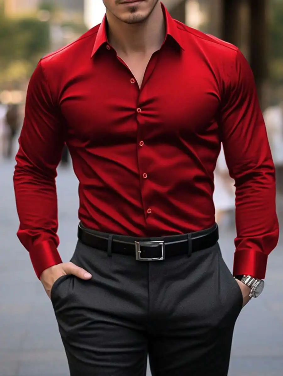 

Men's Solid Red Regular Fit Long Sleeve Button-Front Dress Shirt