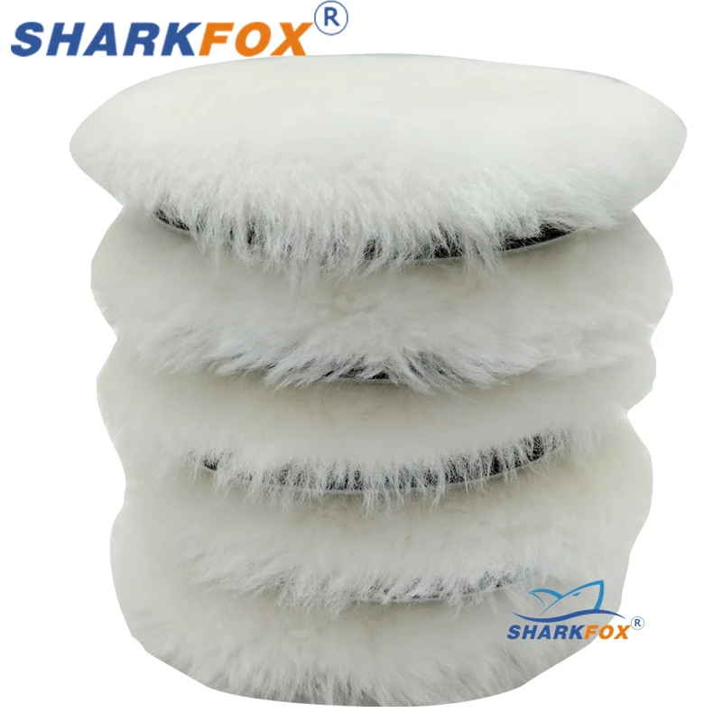 Sharkfox 5Pcs/lot 6inch Soft Sheepskin Buffing Pads with Hook and Loop Back Wool Cutting Pad for Car Furniture Glass