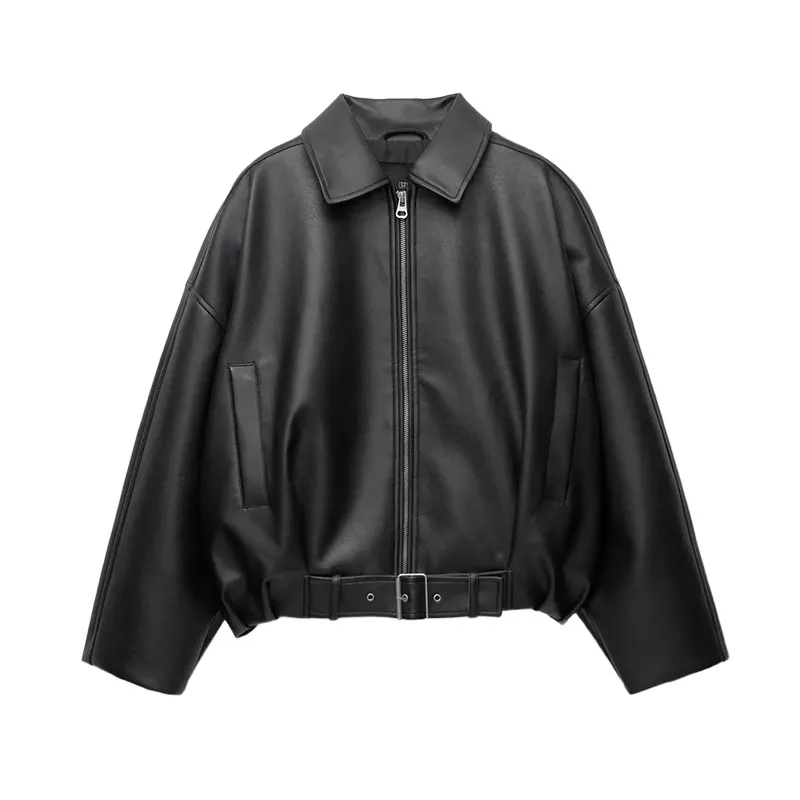 Vintage PU lederen bomberjacks 2025, herfst nieuwe dames rits revers lange mouw zakjas met riem dames losse streetwear