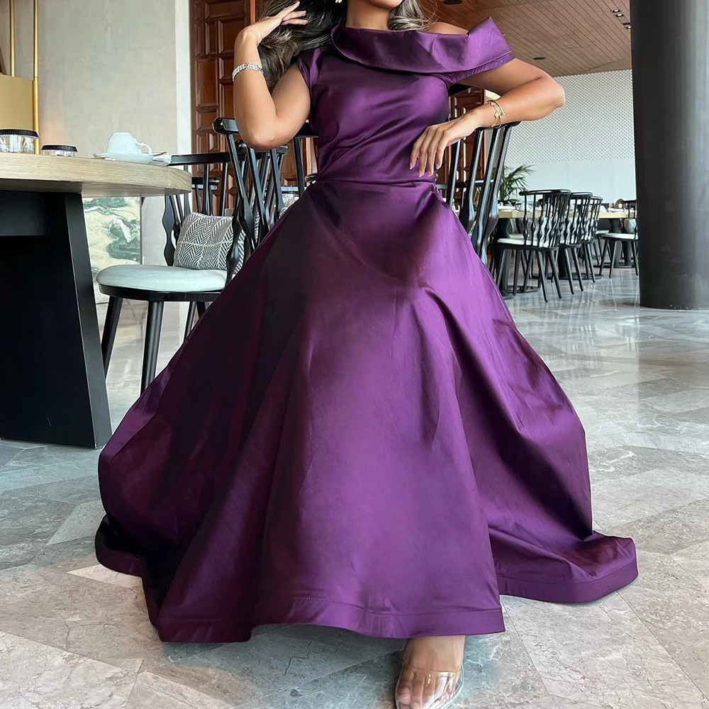 

Customized Elegant Off the Shoulder Satin Evening Dresses Temperament A-Line Ankle Length Short Sleeves Vestidos Para Mujer