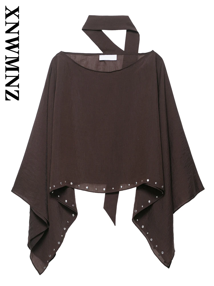 

XNWMNZ 2025 Summer New Product Lady Casual Simple Scarf Collar Top Fashion Chic Women Clothing BROWN Ponchos Embroidered Flares