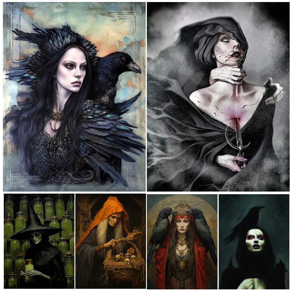 

Magic And Sorcery Abstract Wall Art Canvas Painting,Baba Yaga,Raven Witch And The Morrigan Goddess,Art Print,Witchcraft Decor