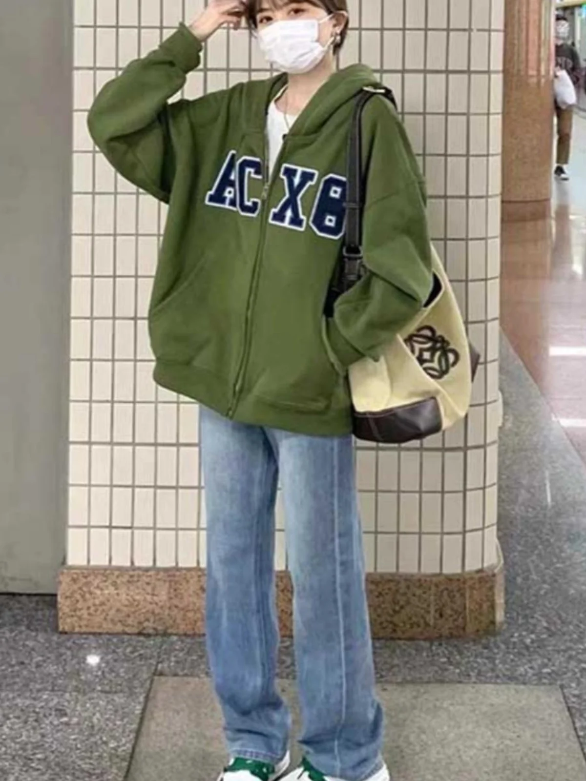 

Толстовка на молнии большого размера в американском ретро-стиле, свободная куртка-кардиган для пар, женская, весна-осень, удобная, из полиэстера, с длинным рукавом, размер S