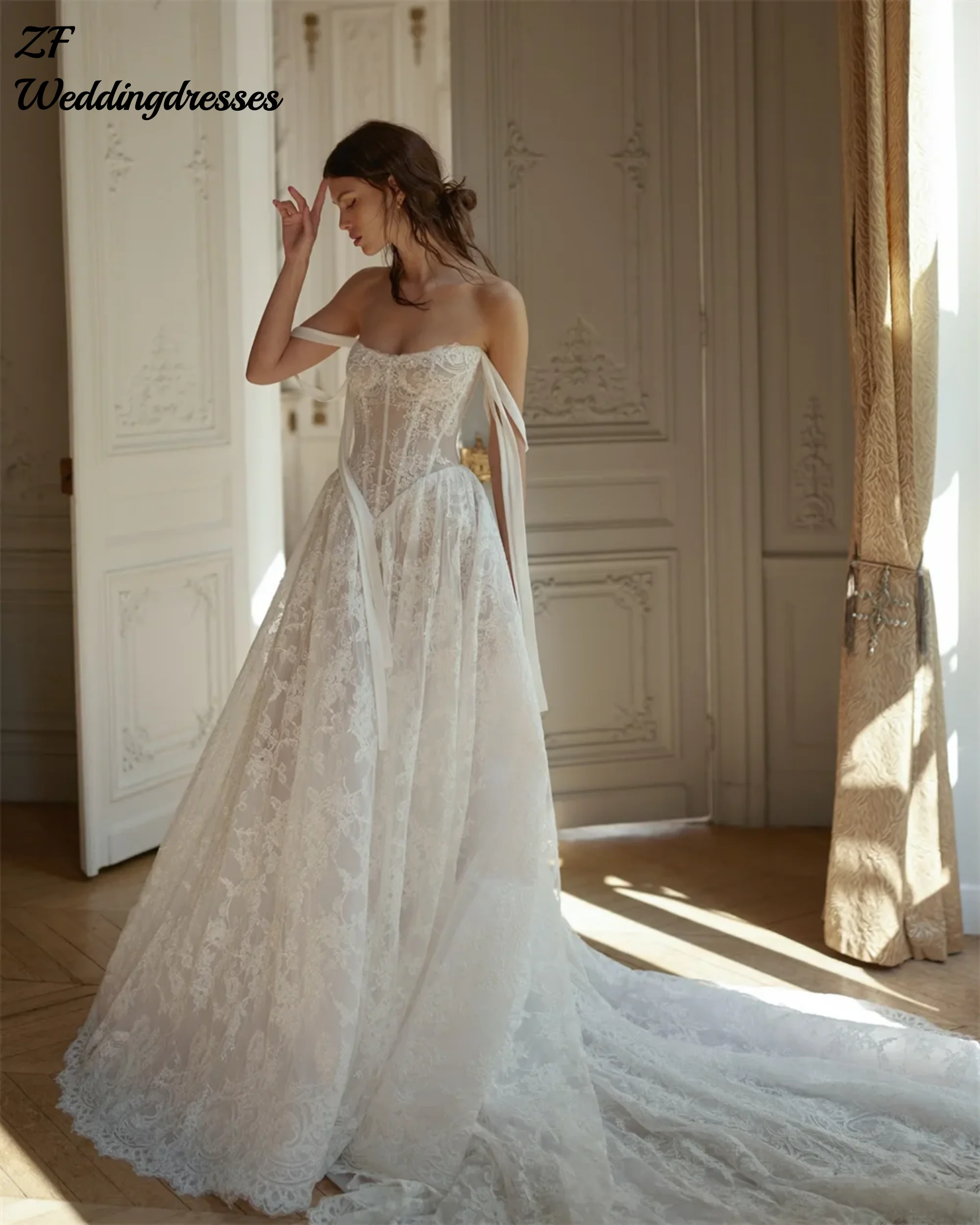 カスタマイズ可能なアイボリーレースアップリケオフショルダーウェディングドレスAラインロングトレーンジップバックvestidos de novia（ベスティドス・デ・ノビア）