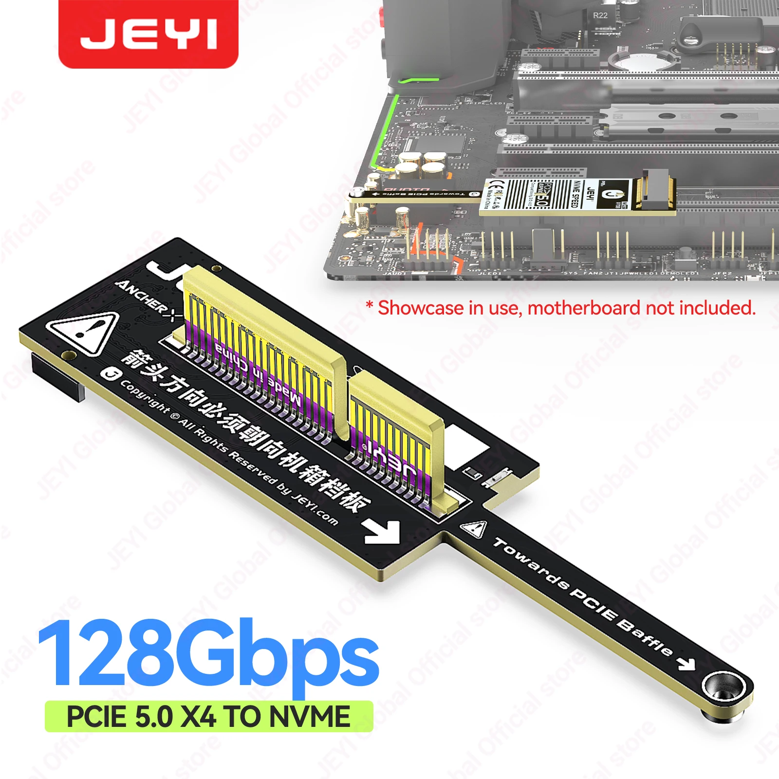 JEYI Flat PCIe 5.0 X4 to NVMe Adapter Card 128Gbps Compact Mini Design No GPU Obstruction Only M.2 2280 NVMe SSD for PCIe 4.0