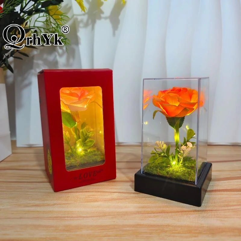 1Pcs Mother's Day Birthday Gifts Simulated Rose Flower Glow Rose In The Acrylic Artificial Flower Desk Accessory Flower With Box