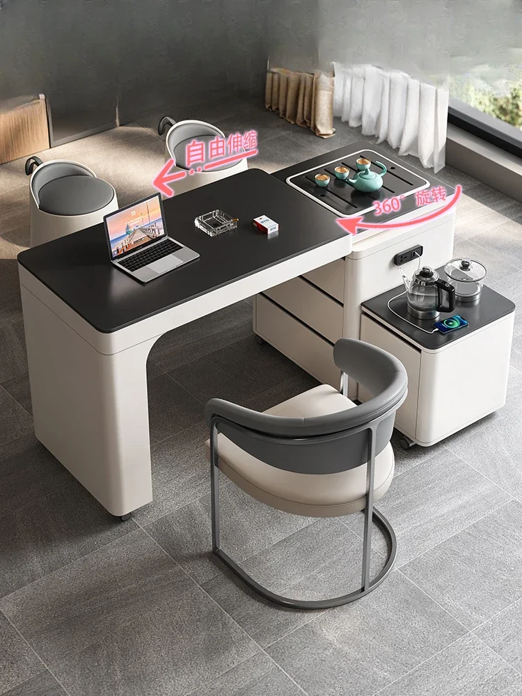 Modern minimalist rock slab tea table and chair combination, small-sized integrated movable telescopic rotating tea table