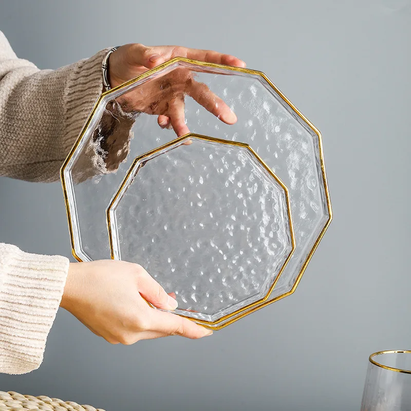 厚みのある金縁ガラスプレート多面体家庭用透明フルーツジュエリーディスプレイ収納シンプルな大型フラットプレート