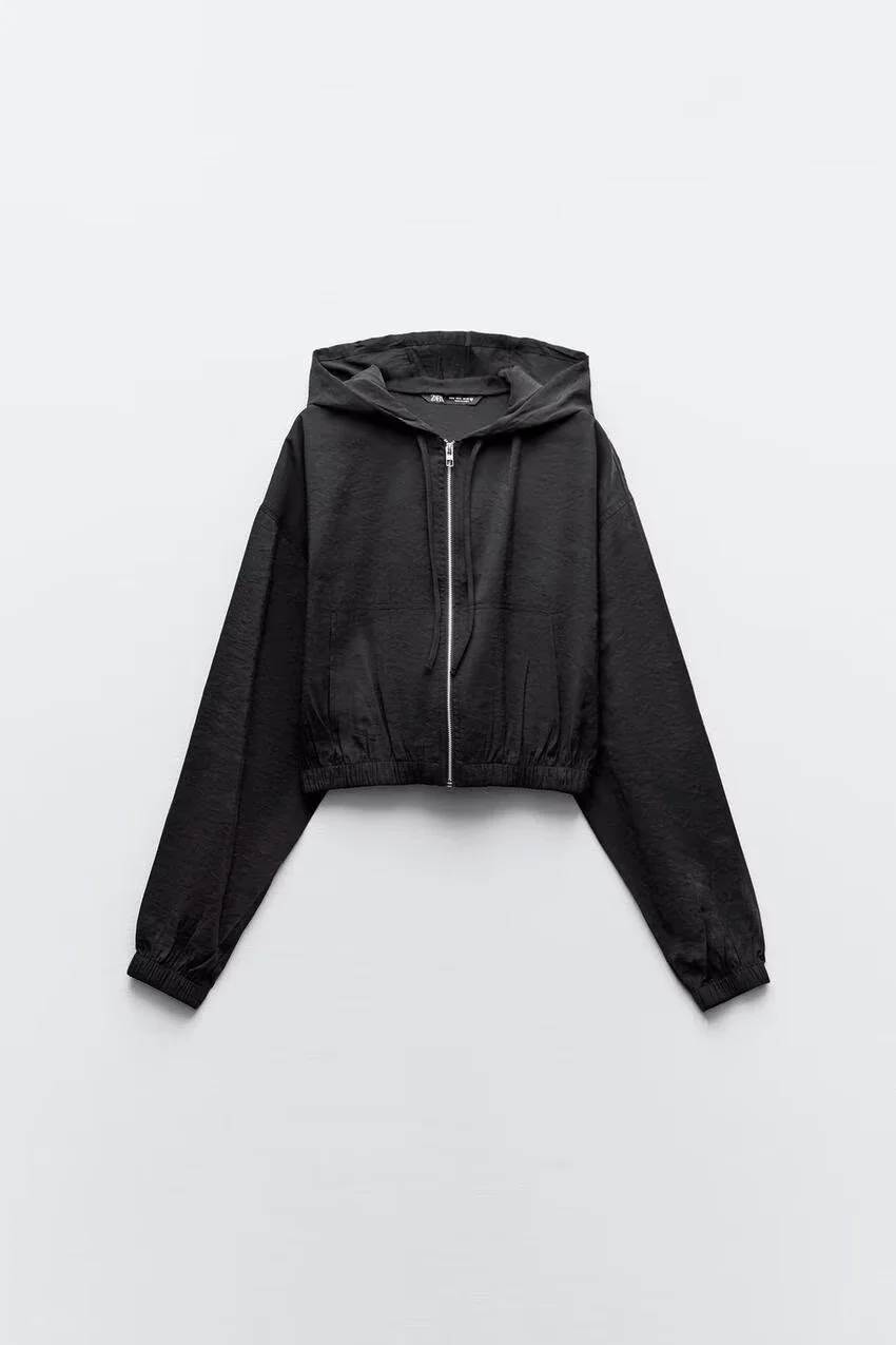 Jaqueta Curta Fena Reversível com Capuz Estilo Drapeado em Mistura de Aodão para Proteção Solar – Nova Coleção Verão 2024