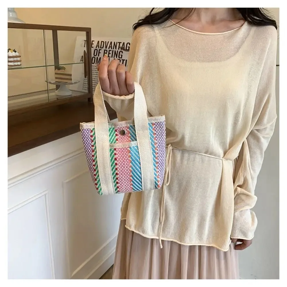 Portable Contrast Color Stripe Weave Bag Stripe Pattern Soft Polyester Small Cloth Bag Tote Bag Picnic
