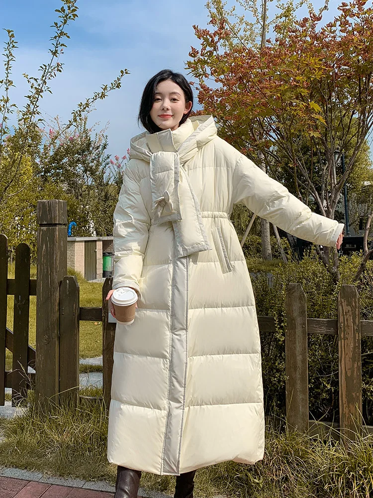 пуховая куртка Winter Long Duck Down Coats Female White Warm Coats Down Scarf Hooded Collar Down Parkas wy1154