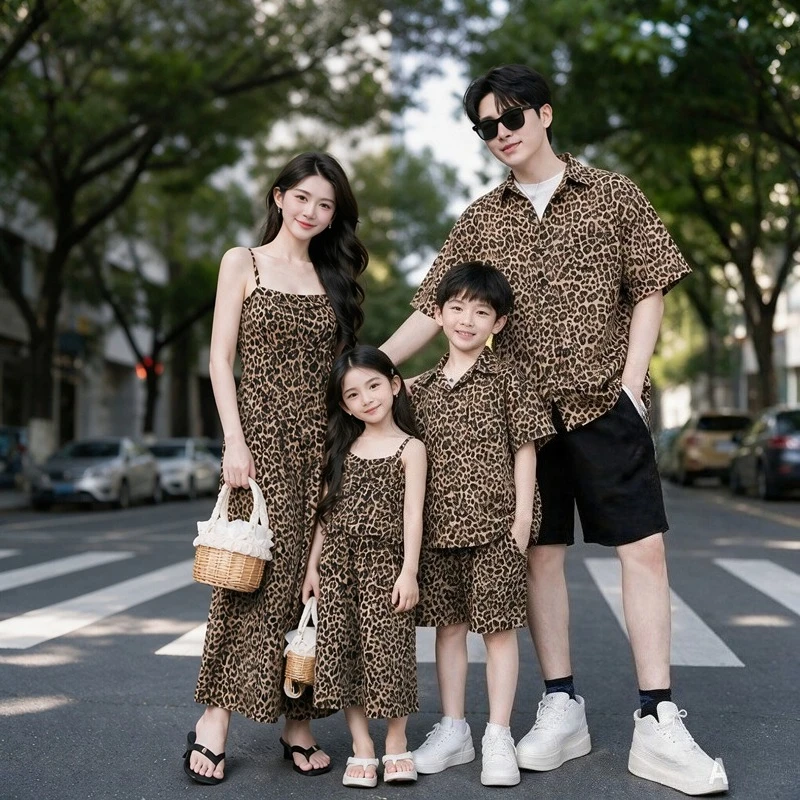 Beach Vacation Family Matching Outfits Mom Daughter Leopard Cami Dress Father Son Shirt Set Couple Korean Style Holiday Clothes