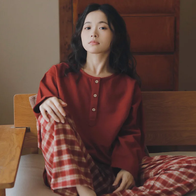 

Весенне-осенние женские пижамы из 100% хлопка и шерсти, осенне-зимняя новая коллекция, простая красная домашняя одежда с длинными рукавами и капюшоном