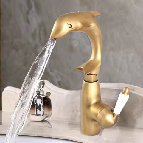 Antique dolphin Bathroom Basin Faucet Single Hole brass Single Handle Hot and Cold Water Tap Deck Mounted Mixers Taps zan330