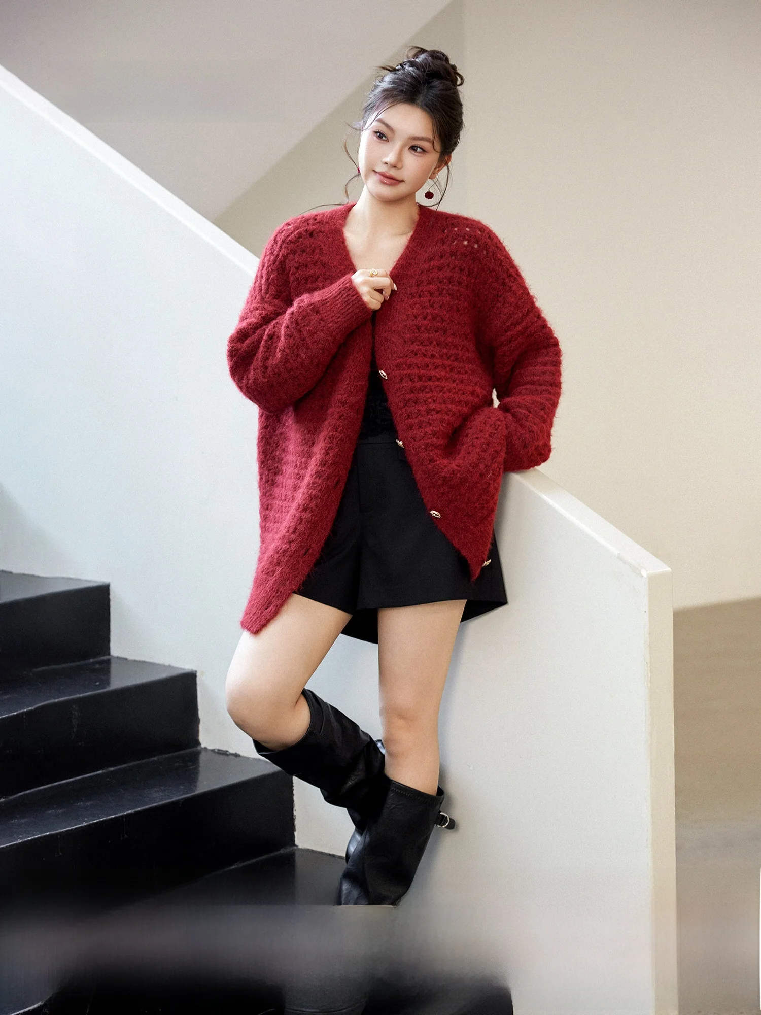 

Plusmall Cherry Wine Red Knitted Open Cardigan V-ne Long Sve Spring Women's Casual Loose Fit Knitwear with Button
