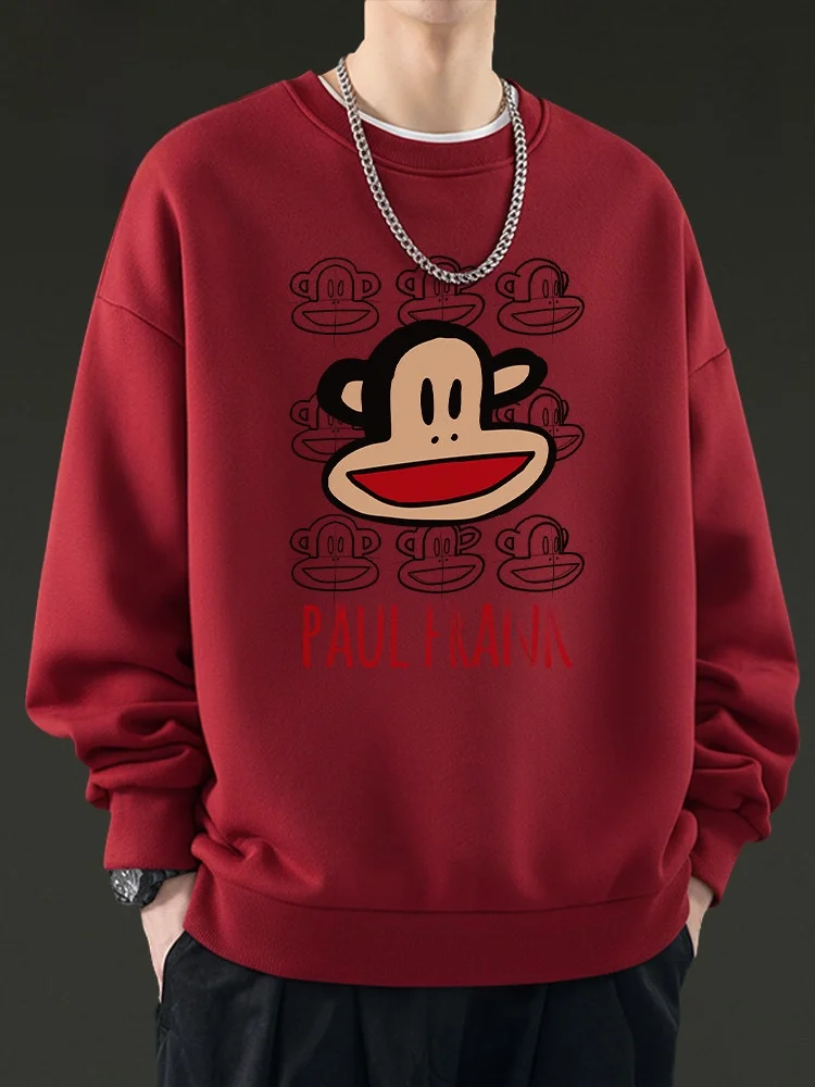 

Heavyweight Hoodie Men Winter Wine Red American Fce Lined Jaet round Ne Comfortable Cotton Polyester Blend