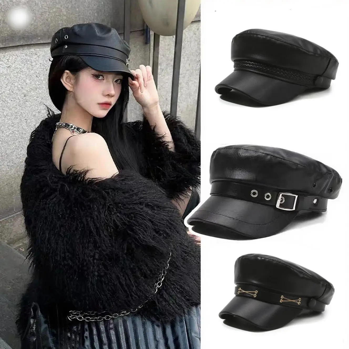 

Retro Navy Cap Fashion Beret Sunscreen Leather Cap Leisure Octagonal Cap British Painter Hat Hundred With Newsboy Hat Accessory