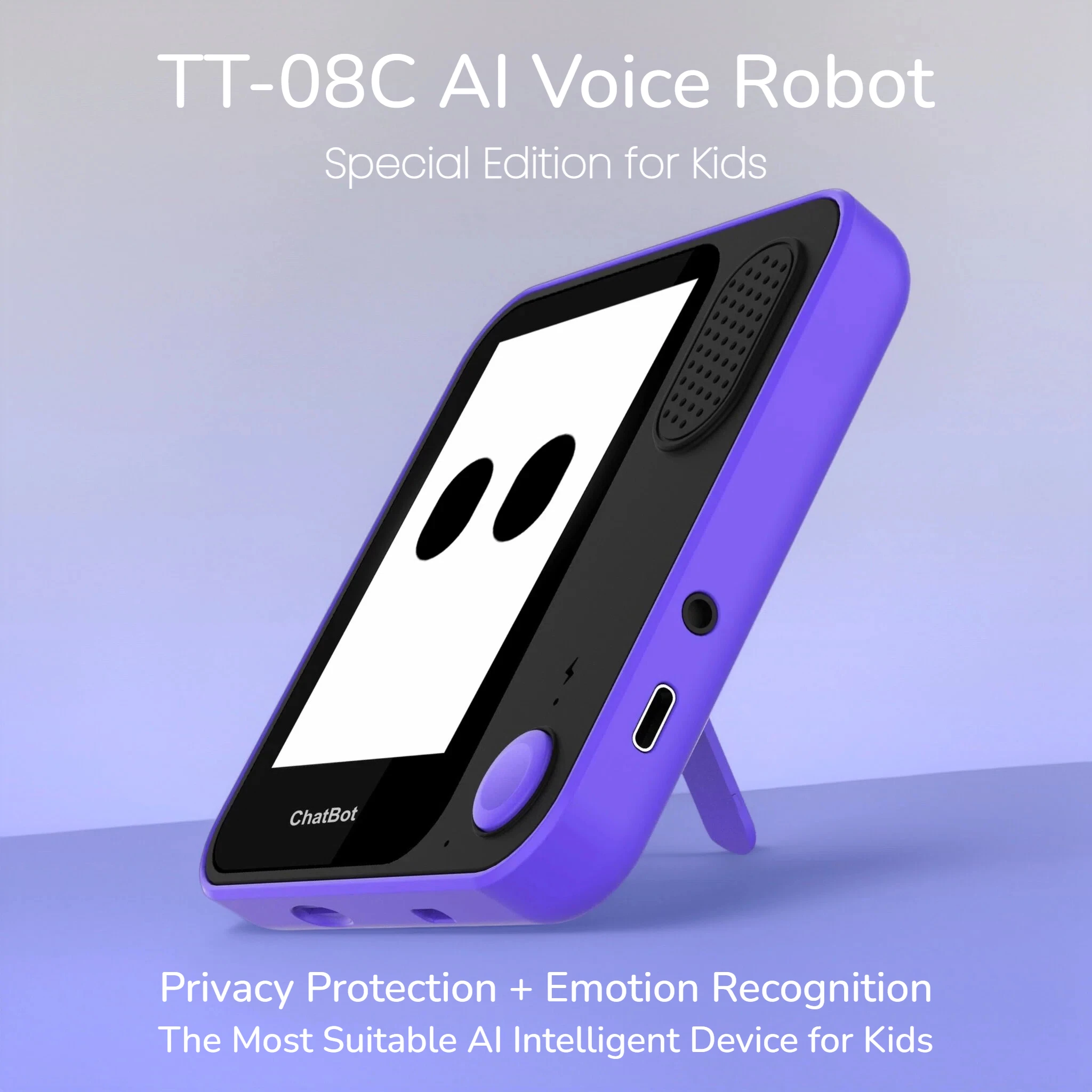 Robot vocal IA TT-08C pour enfants, robot compagnon avec reconnaissance d'émotions, multilingue, IA GPT, protection de la vie privée locale pour les enfants