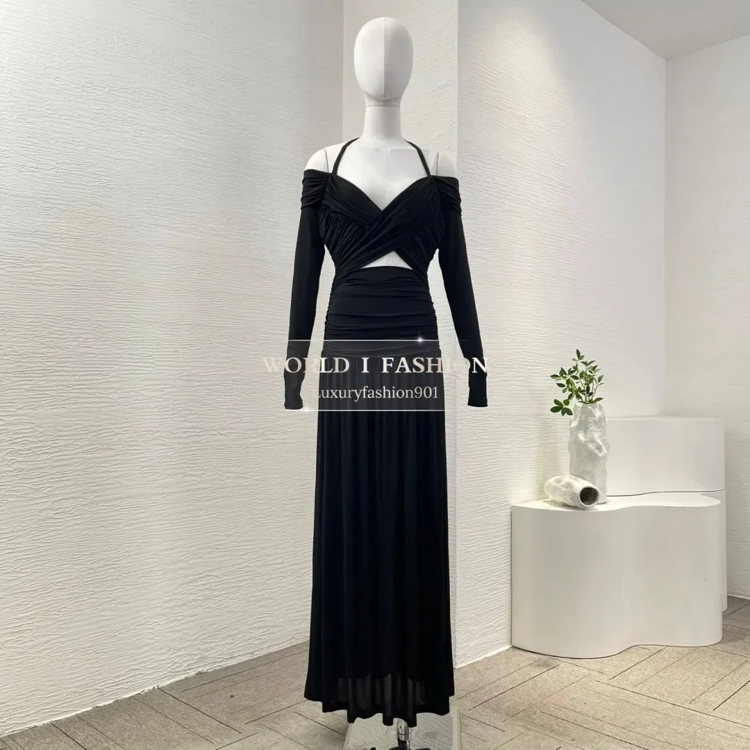 فستان ماكسي أسود عالي الجودة بأكمام طويلة مع رسن مكشوف الكتفين وخصر مقصوص 2025 #2