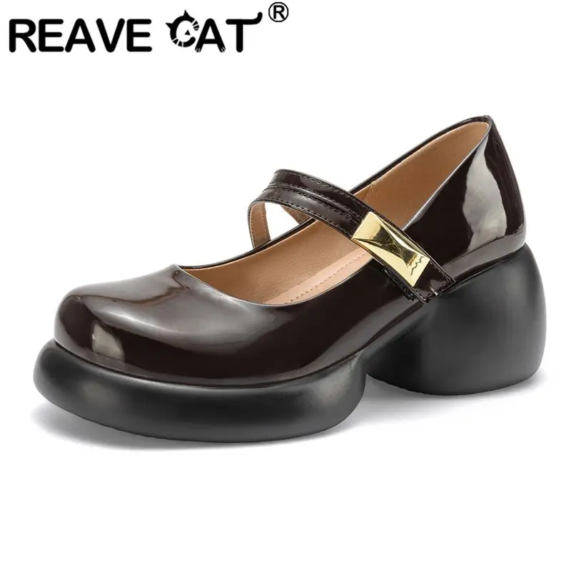 

Туфли-лодочки REAVE CAT черные блестящие женские с круглым носком, на каблуке 6,5 см, на липучке, большие размеры 41, 42, 43, повседневные, женские туфли Мэри Джейн