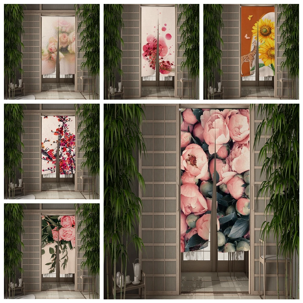 

Japanese Flower Door Curtain Lilies Roses Sunflowers Ukiyo-e Noren Kitchen Partition Room Decoration Blocking Half Curtains