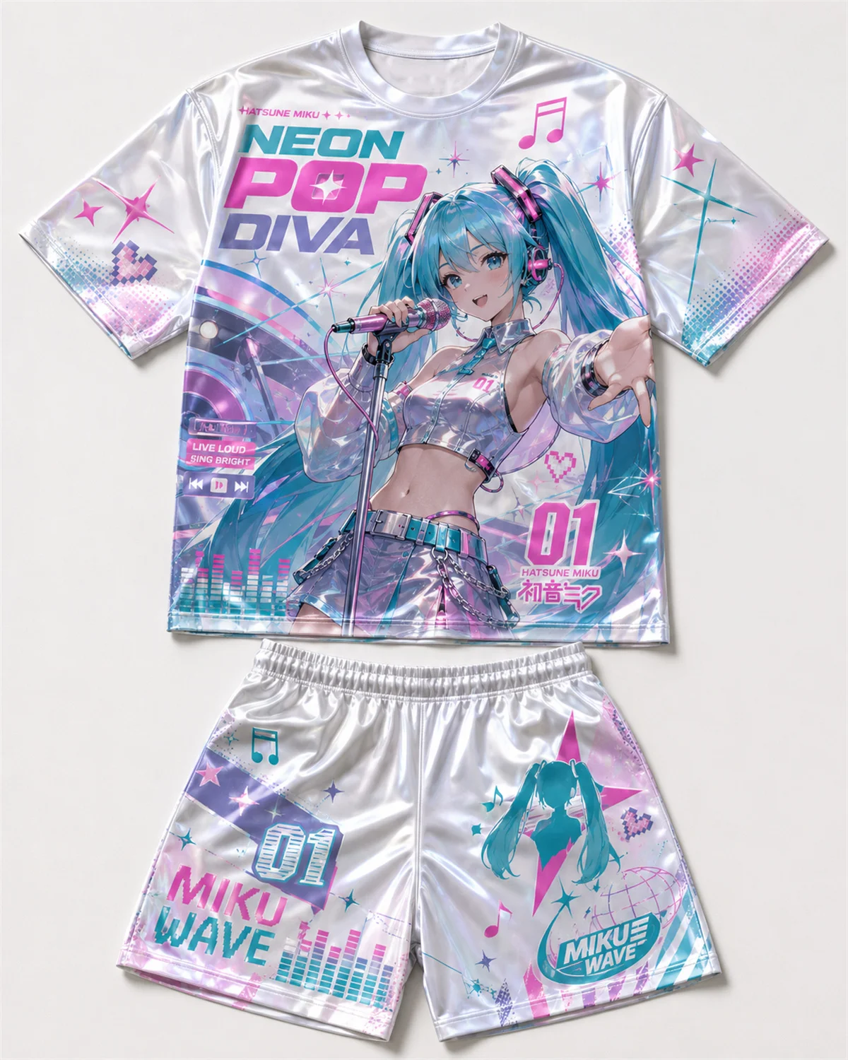 Hatsune Miku Neon Pop Diva Anime Print Satin Mesh T-shirt Shorts Set Men Women Summer Loose Two Piece Casual Streetwear Outfit