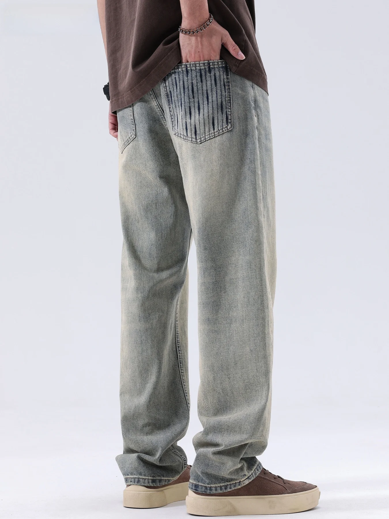 

Мужские джинсы в стиле ретро в американском стиле, свободные прямые брюки, широкие брюки, модные винтажные весенне-осенние модные хлопковые полиэстеровые джинсы...