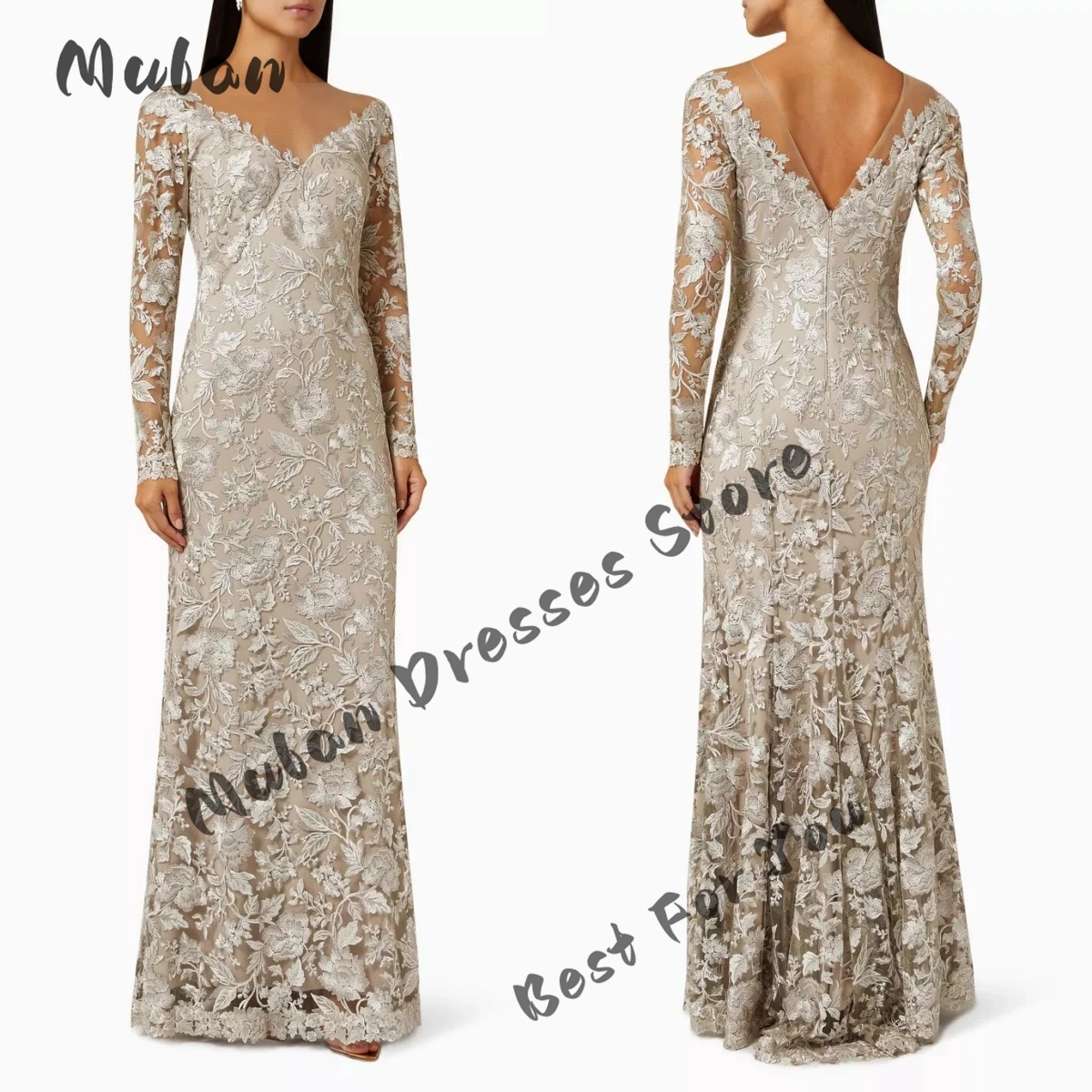 V-neck Flower Embroidery Tulle Prom Dresses Long Sleeve Floor-length Party Gown Elegant Mother Of The Bride Formal Evening Gown