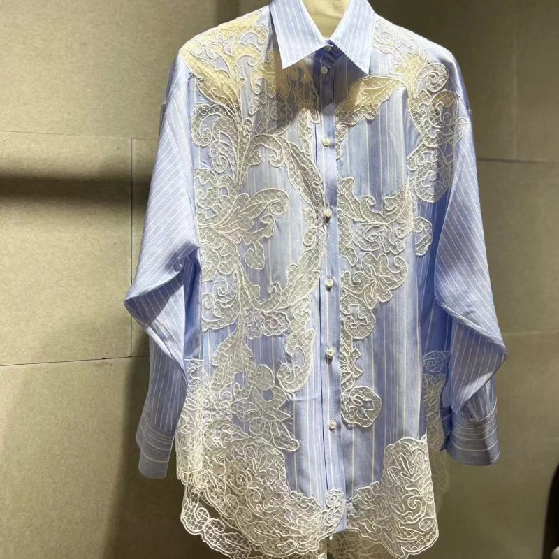High Quality 2023 Spring Summer Casual See Through Embroidery Blue Striped Long Sleeve Short and Blouse Shirts Tops