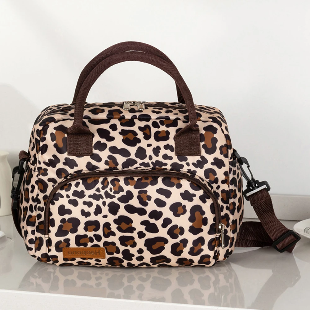 Large capacity leopard print Oxford cloth crossbody lunch bag, American modern minimalist hand-held mommy ice pack image 4