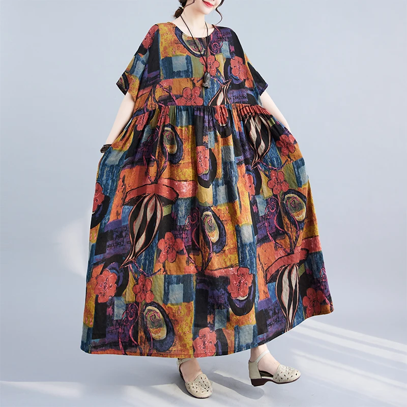 

Retro Ethnic Sle Midi Dr Summer New plus Size Loose ort Sve Big Flounce A-Line Skirt Cotton Polyester Blend Dr