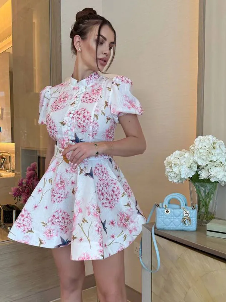 

Lady Casual Printed Patchwork A-line Dress Elegant Puff Sleeve High Waist Mini Robe For Women 2025 Summer Vacation Party Gowns